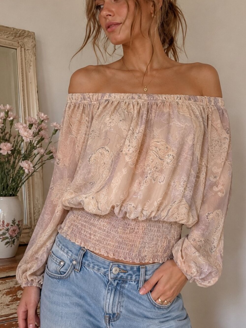 Mystree Paisley Smocked Waist Peasant Blouse Sheer Sleeve Boho S
